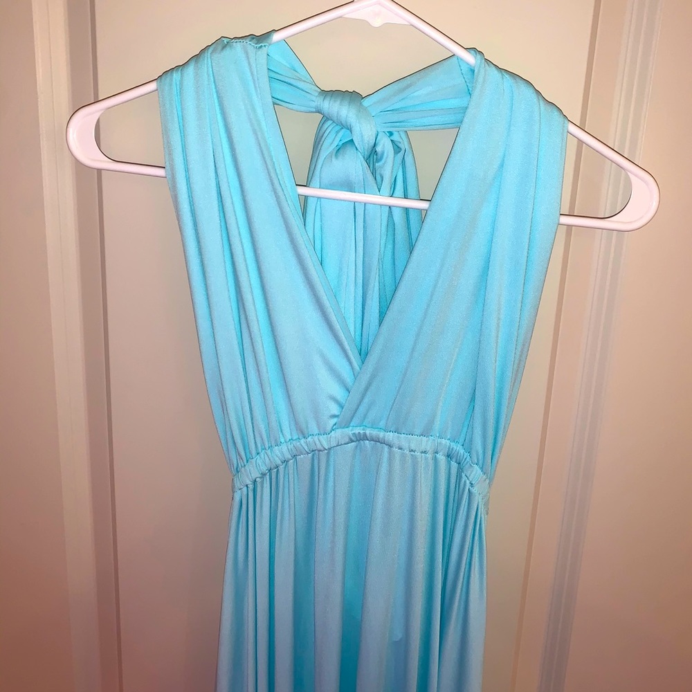 Blue adjustable halter top open back dress